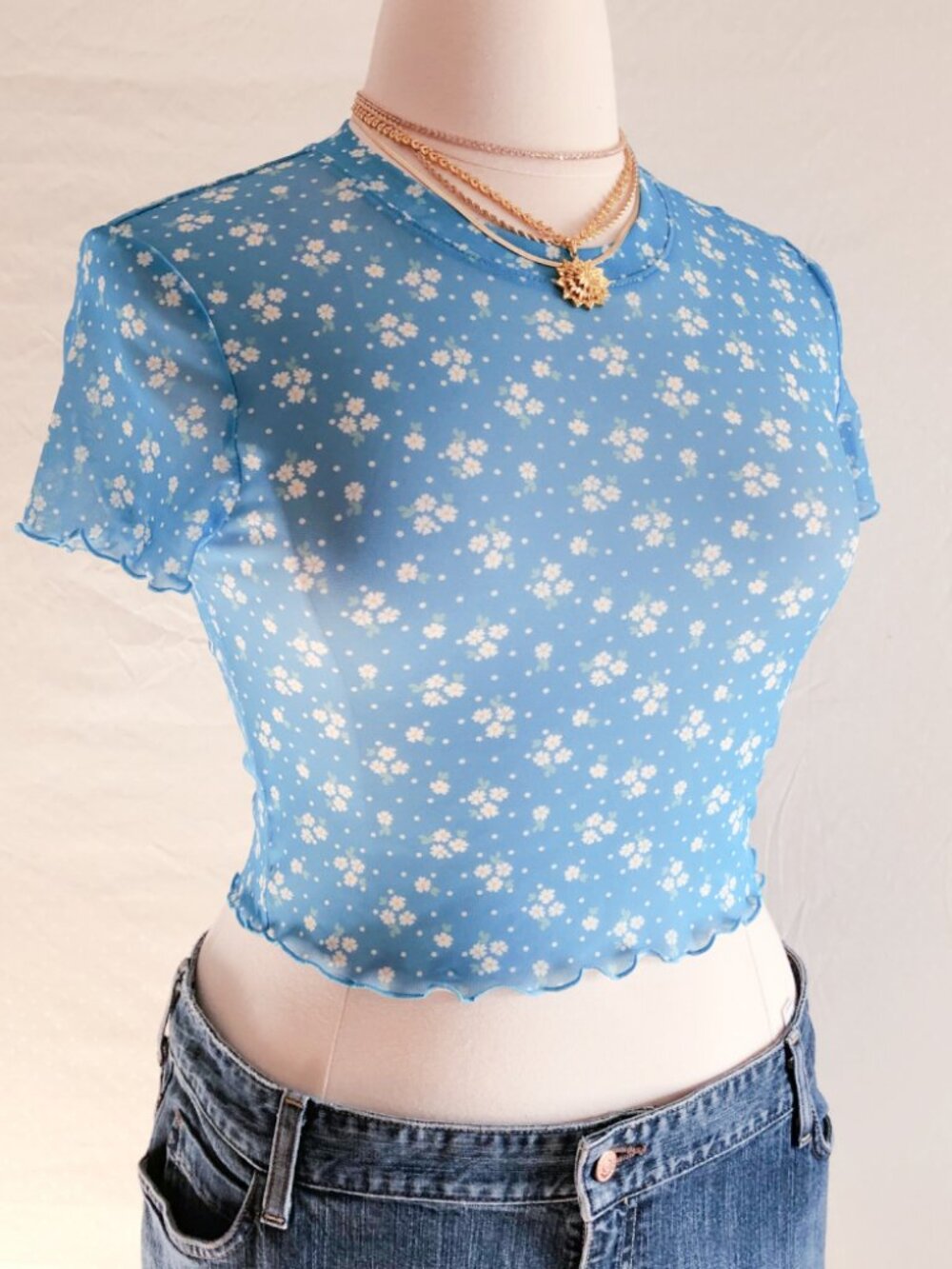 Retro BCBGeneration Blue Floral Mesh Baby Tee Juniors Size L